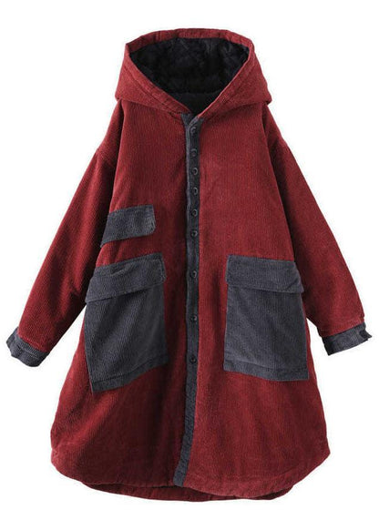 Elegant Red hooded Pockets Button Winter Coat Long sleeve QS046