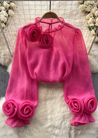 Elegant Rose Ruffled Solid Chiffon Tops Long Sleeve TR043