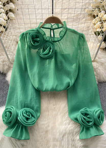 Elegant Rose Ruffled Solid Chiffon Tops Long Sleeve TR043