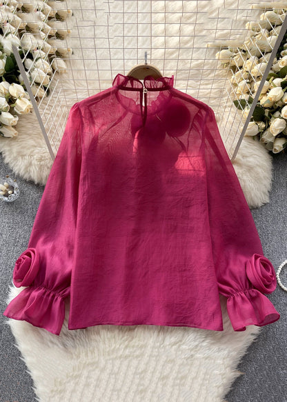 Elegant Rose Ruffled Solid Chiffon Tops Long Sleeve TR043