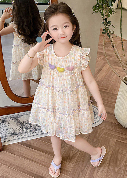 Elegant Ruffled Print Patchwork Chiffon Girls Dresses Summer EW052