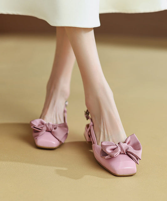 Elegant Splicing Bow Chunky Sandals Pink Cowhide Leather RI033