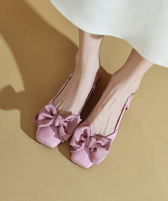 Elegant Splicing Bow Chunky Sandals Pink Cowhide Leather RI033