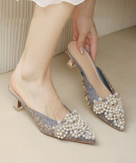Sandals Slide Splicing Blue Pointed Elegant Heel Nail High Bead