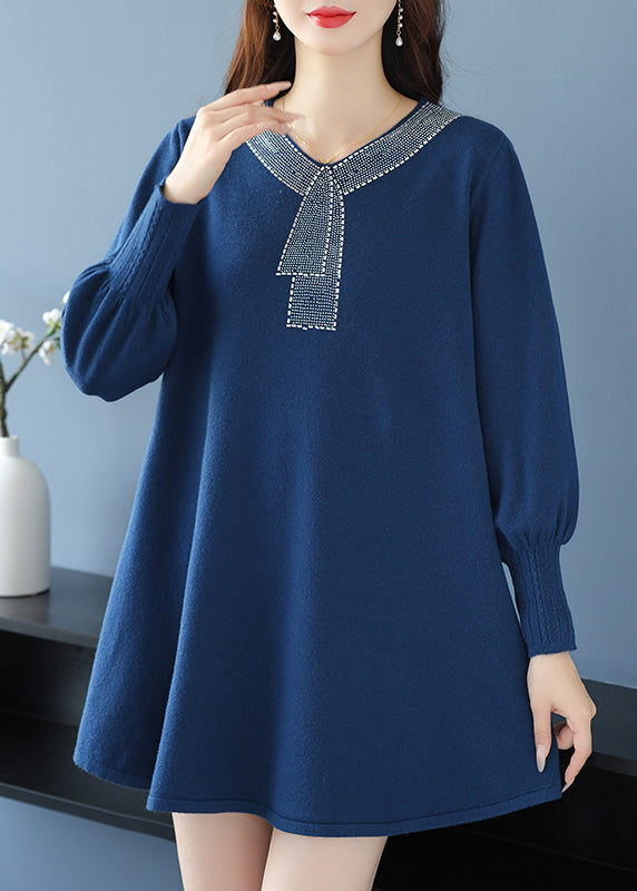 Elegant Tea Green V Neck Zircon Woolen Sweater Dress Winter RL017