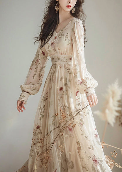 Elegant V Neck Print High Waist Chiffon Dress Long Sleeve KJ007