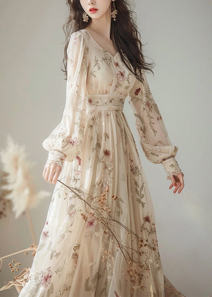 Elegant V Neck Print High Waist Chiffon Dress Long Sleeve KJ007