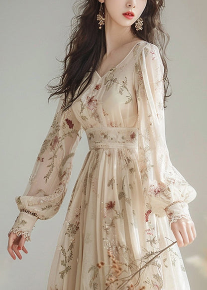 Elegant V Neck Print High Waist Chiffon Dress Long Sleeve KJ007