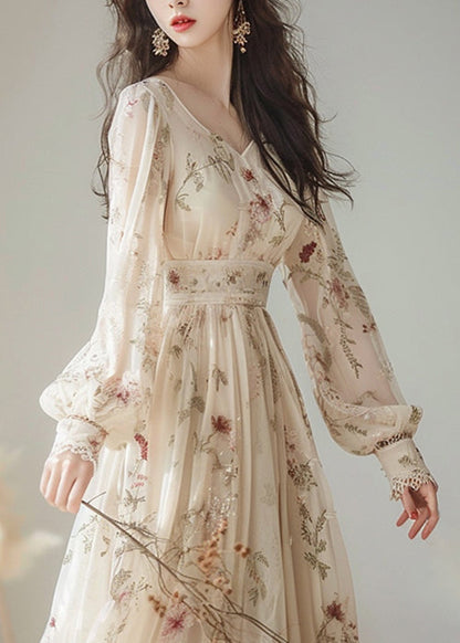 Elegant V Neck Print High Waist Chiffon Dress Long Sleeve KJ007