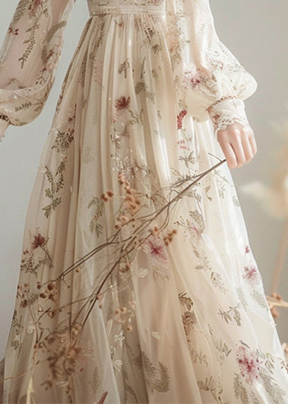 Elegant V Neck Print High Waist Chiffon Dress Long Sleeve KJ007