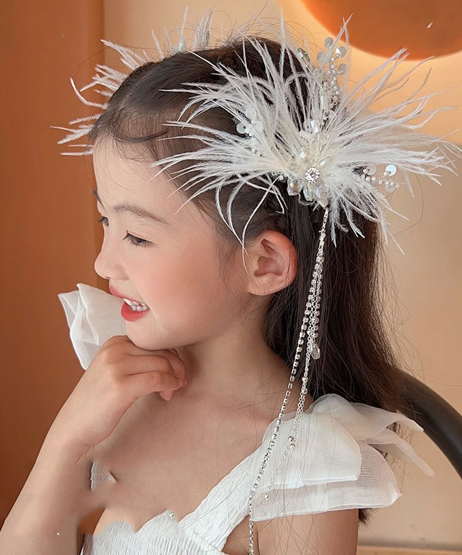 Élégante épingle à cheveux en alliage blanc avec plumes, perles, paillettes et pompons pour filles, YG027