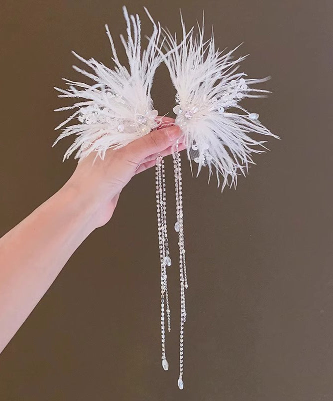 Élégante épingle à cheveux en alliage blanc avec plumes, perles, paillettes et pompons pour filles, YG027
