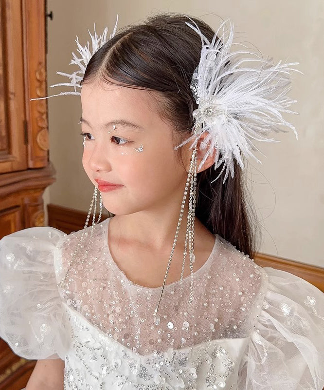 Élégante épingle à cheveux en alliage blanc avec plumes, perles, paillettes et pompons pour filles, YG027