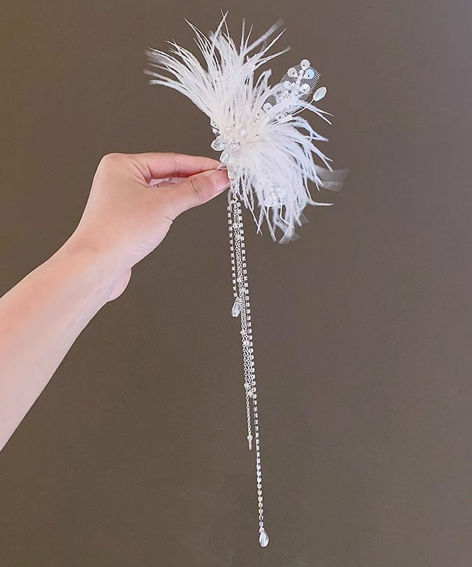 Élégante épingle à cheveux en alliage blanc avec plumes, perles, paillettes et pompons pour filles, YG027
