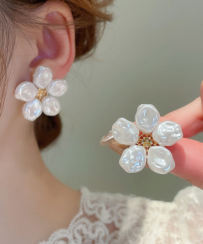 Elegant Earrings Floral White Wrinkled Stud Pearl Alloy