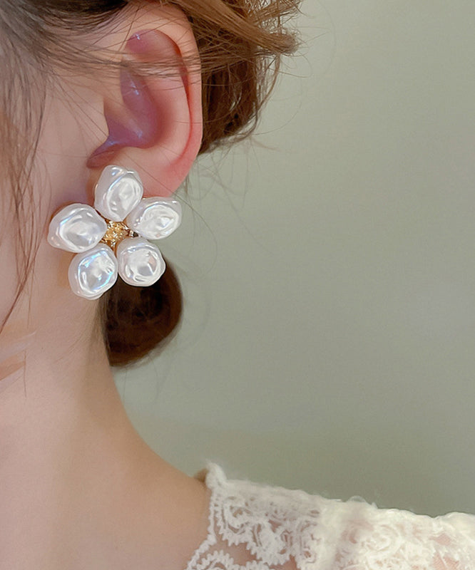 Elegant Earrings Floral White Wrinkled Stud Pearl Alloy