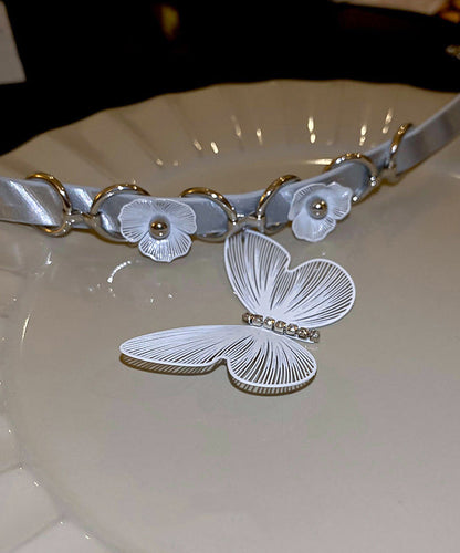 Elegant White Alloy Leather Patchwork Zircon Butterfly Choker PO059