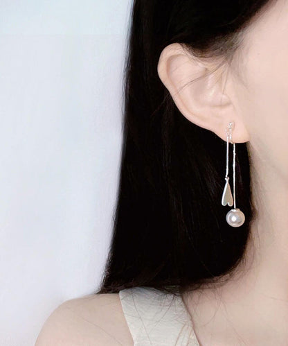 Elegant White Alloy Love Pearl Tassel Drop Earrings QD012