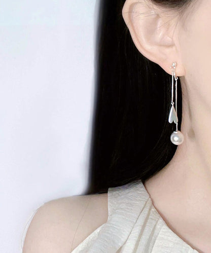 Elegant White Alloy Love Pearl Tassel Drop Earrings QD012