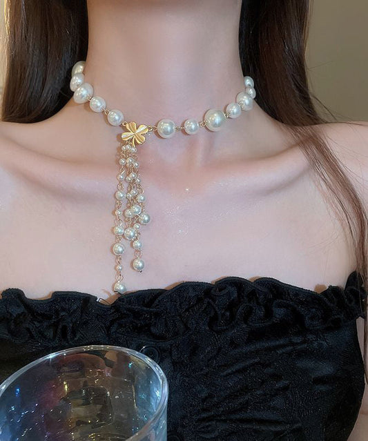 Tassel White Elegant Pendant Necklace Alloy Pearl Floral