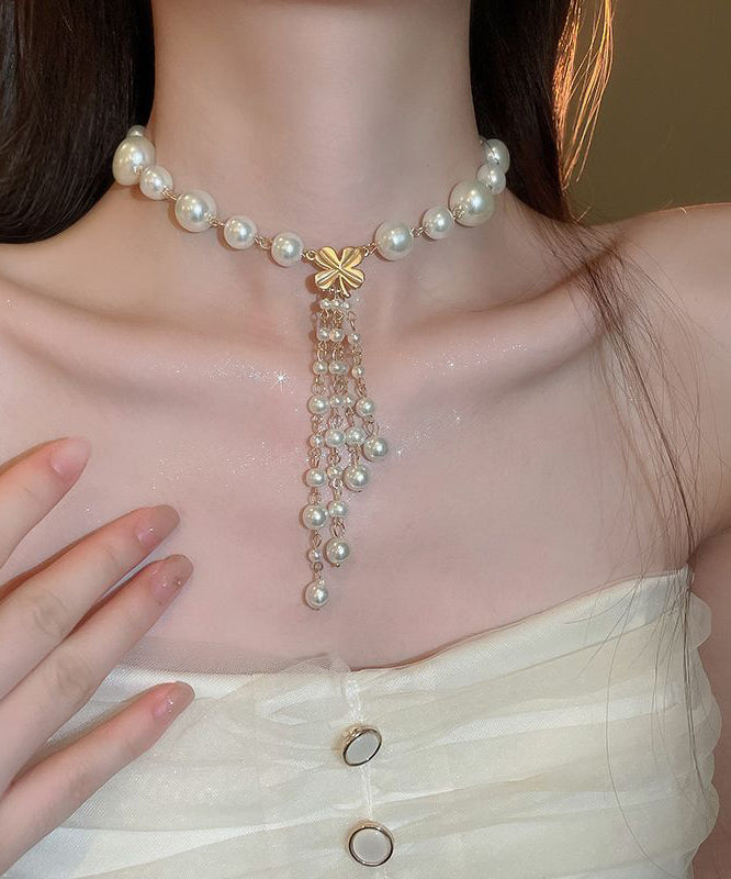 Tassel White Elegant Pendant Necklace Alloy Pearl Floral