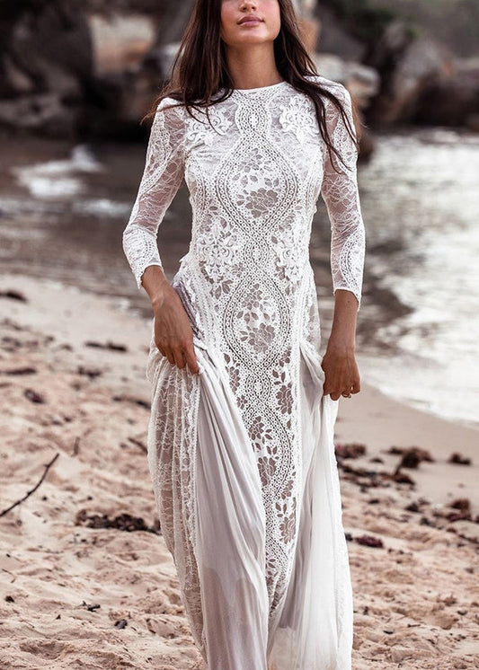 Robes blanches en dentelle printemps dos nu élégantes maxi ajourées