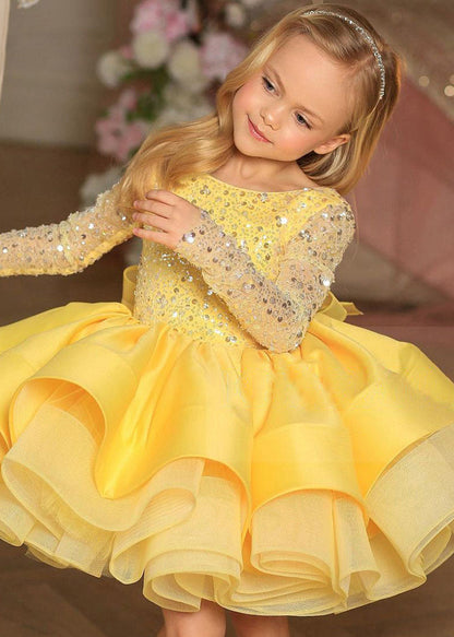 Elegant White Backless Sequins Patchwork Tulle Kids Mid Dresses Fall RP040