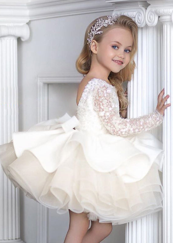 Elegant White Backless Sequins Patchwork Tulle Kids Mid Dresses Fall RP040