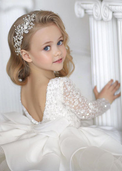 Elegant White Backless Sequins Patchwork Tulle Kids Mid Dresses Fall RP040