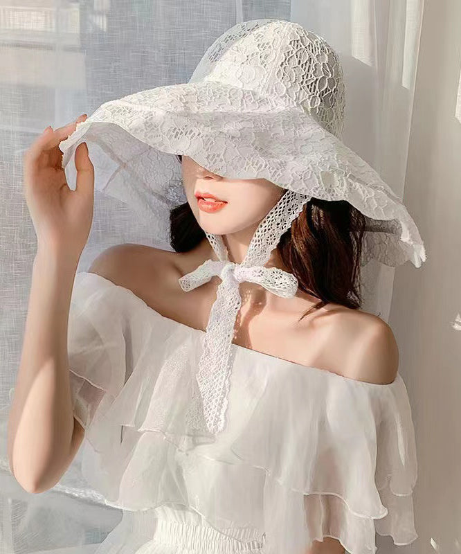 Elegant White Beach Lace Up Big Brim Sun Hat II043