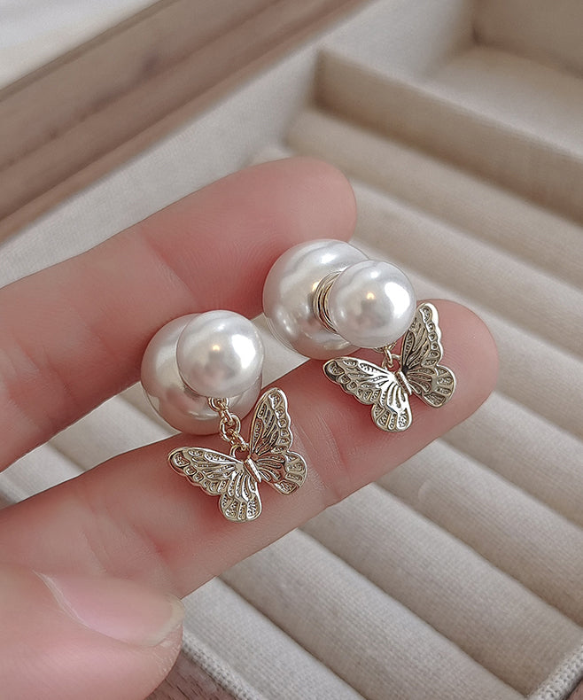 Boucles d'oreilles à tige élégantes en cuivre blanc avec perles et papillon ZZ050