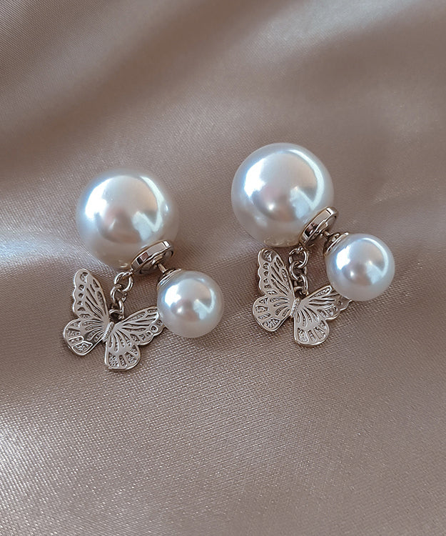 Boucles d'oreilles à tige élégantes en cuivre blanc avec perles et papillon ZZ050