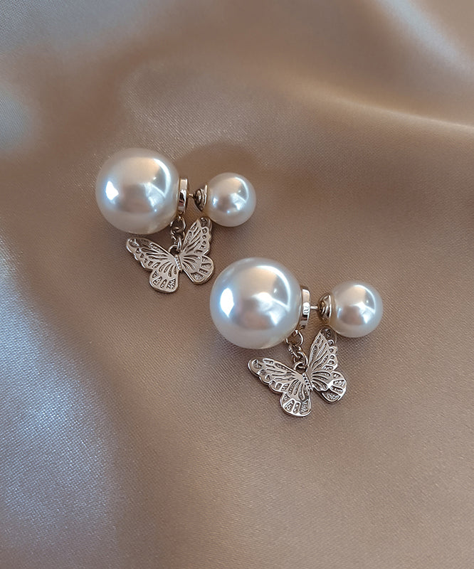 Boucles d'oreilles à tige élégantes en cuivre blanc avec perles et papillon ZZ050