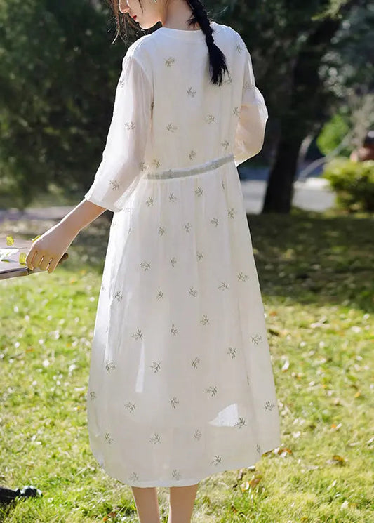 Elegant White Embroidered Button Linen Dress Spring Ada Fashion