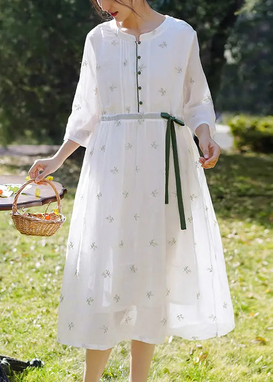 Elegant White Embroidered Button Linen Dress Spring Ada Fashion