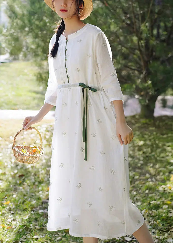 Elegant White Embroidered Button Linen Dress Spring Ada Fashion