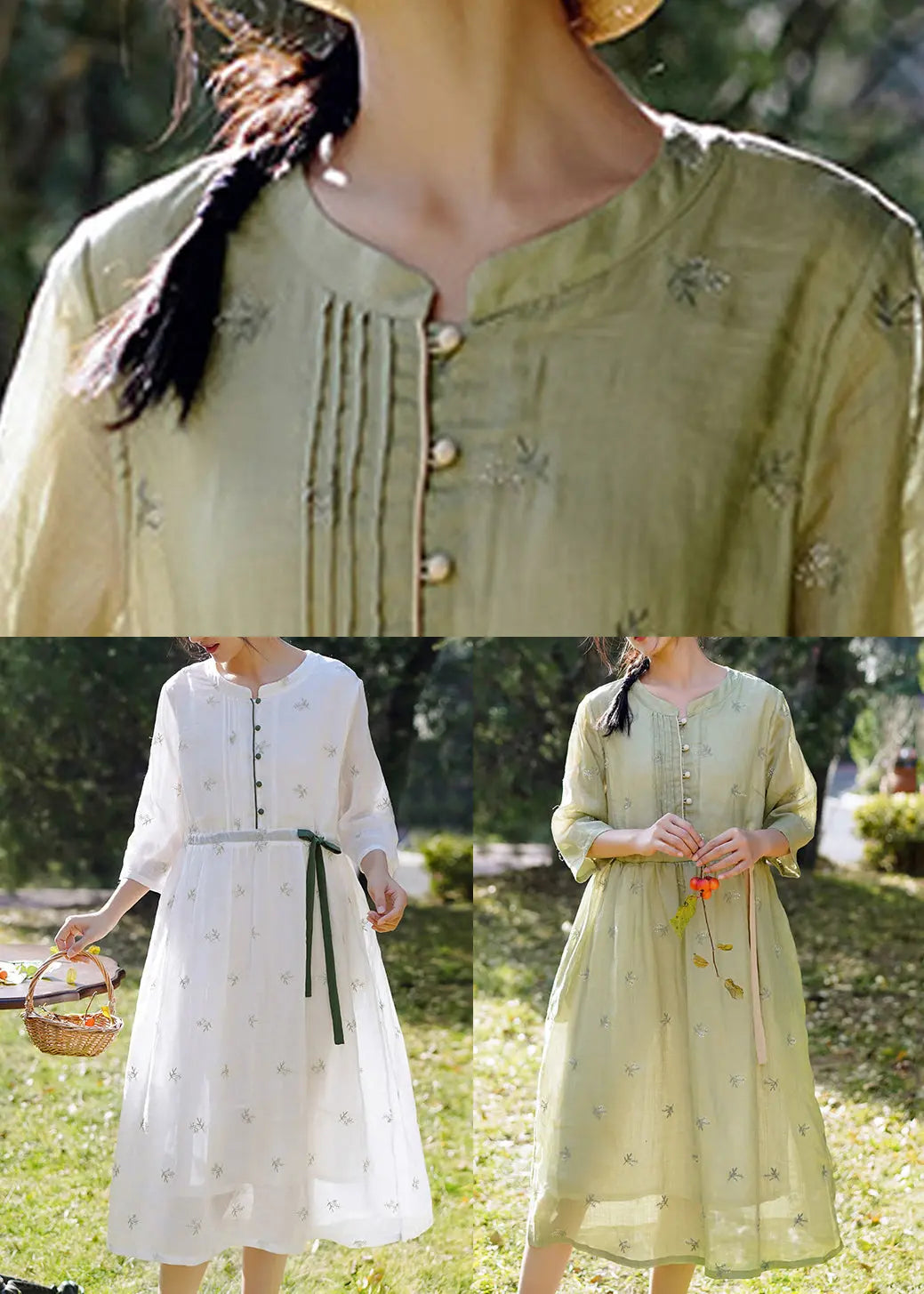 Elegant White Embroidered Button Linen Dress Spring Ada Fashion