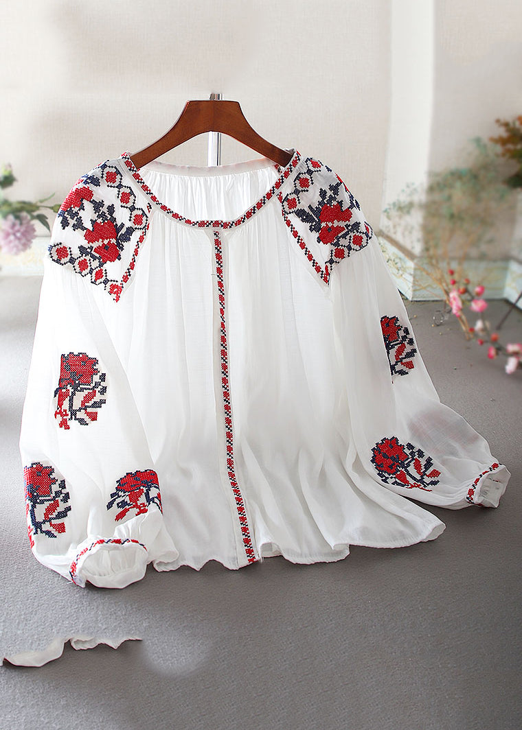 Elegant White Embroidered Floral Shirt Lantern Sleeve VV026