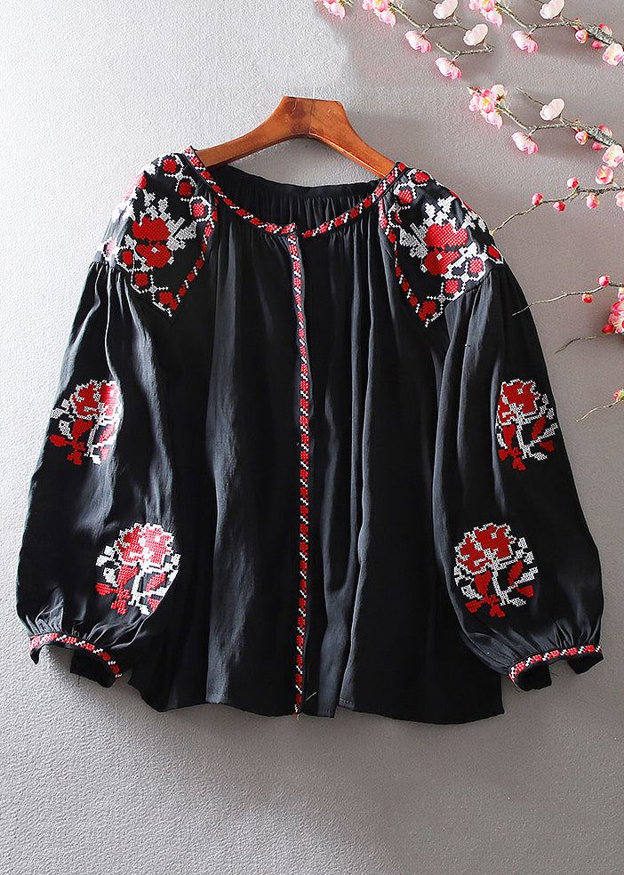 Elegant White Embroidered Floral Shirt Lantern Sleeve VV026