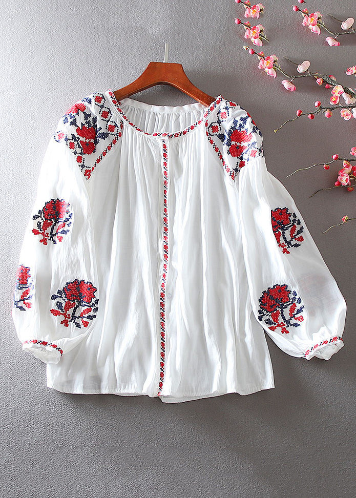 Elegant White Embroidered Floral Shirt Lantern Sleeve VV026