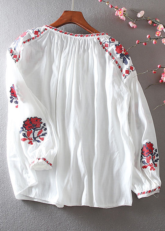 Elegant White Embroidered Floral Shirt Lantern Sleeve VV026