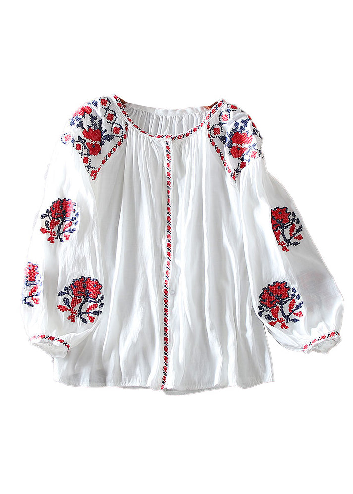 Elegant White Embroidered Floral Shirt Lantern Sleeve VV026