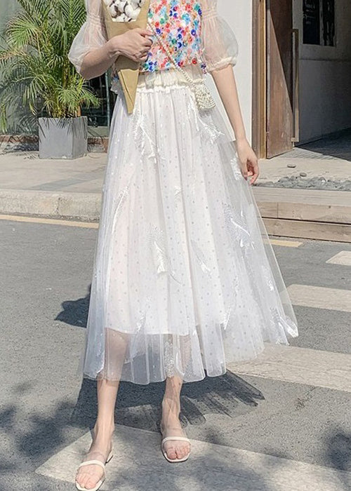 Elegant White Feathers Embroidered Elastic Waist Tulle Skirt Summer Ada Fashion