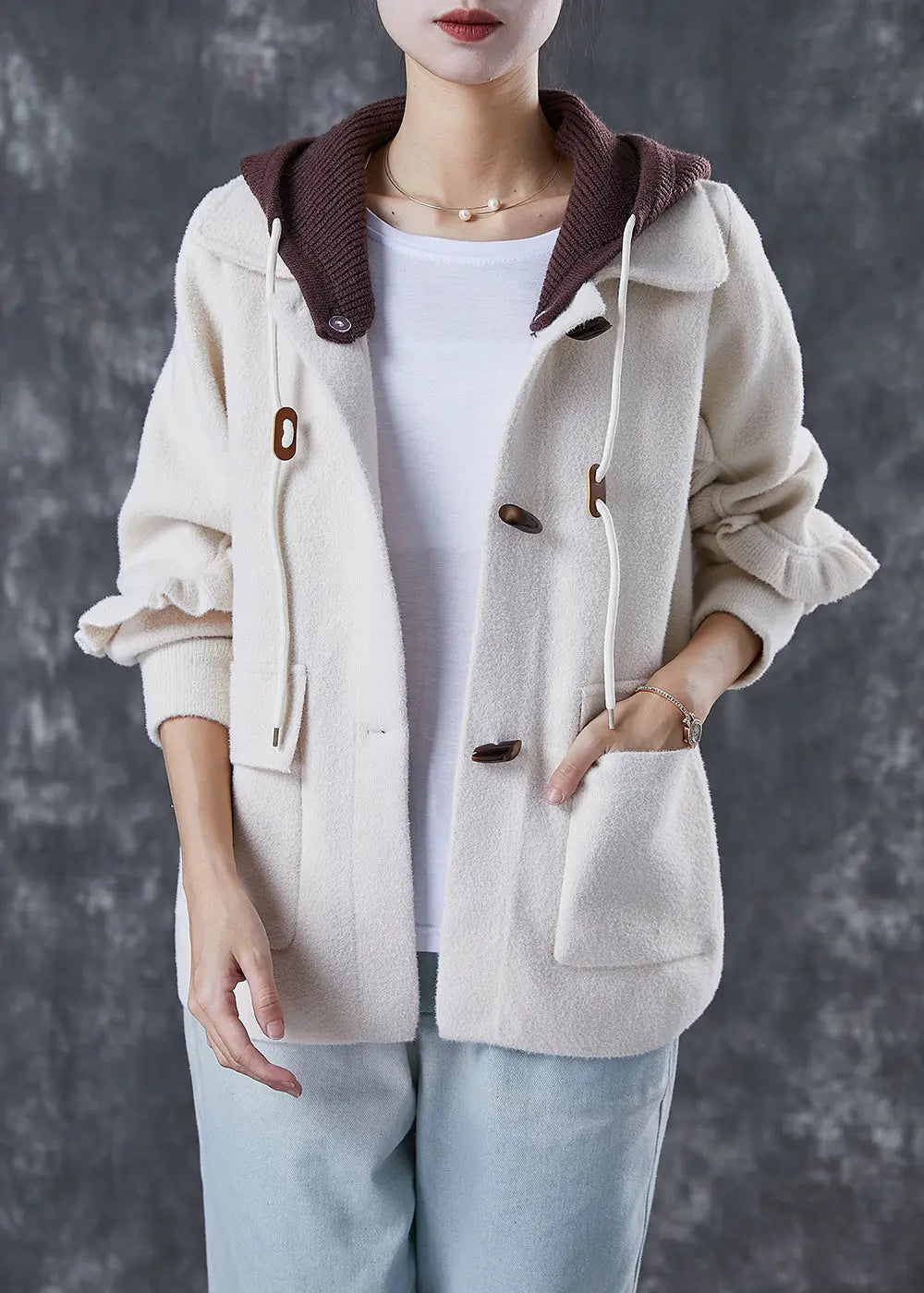 Elegant White Hooded Patchwork Ruffled Woolen Coats Spring Ada Fashion