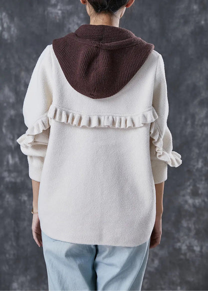 Elegant White Hooded Patchwork Ruffled Woolen Coats Spring Ada Fashion