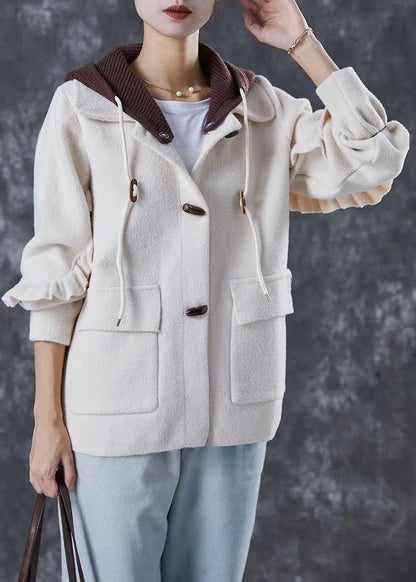 Elegant White Hooded Patchwork Ruffled Woolen Coats Spring Ada Fashion