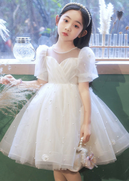 Elegant White Nail Bead Floral Tulle Kids Long Dresses Summer QV013