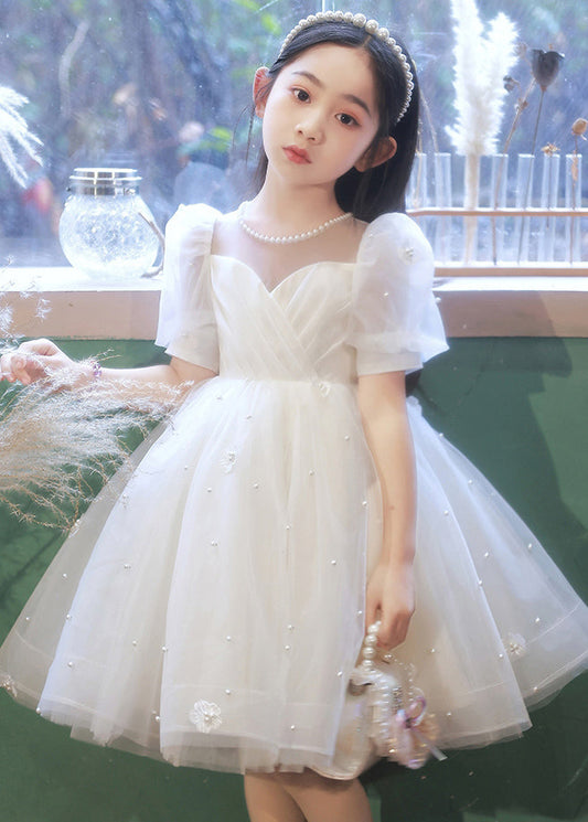 Elegant White Nail Bead Floral Tulle Kids Long Dresses Summer QV013