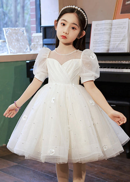 Elegant White Nail Bead Floral Tulle Kids Long Dresses Summer QV013