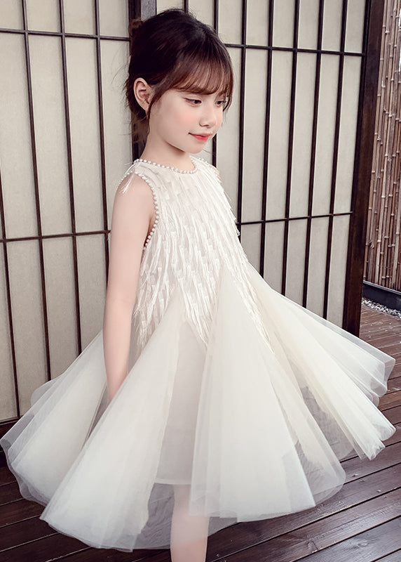 Elegant White O-Neck Nail Bead Tulle Kids Long Dress Sleeveless EW012